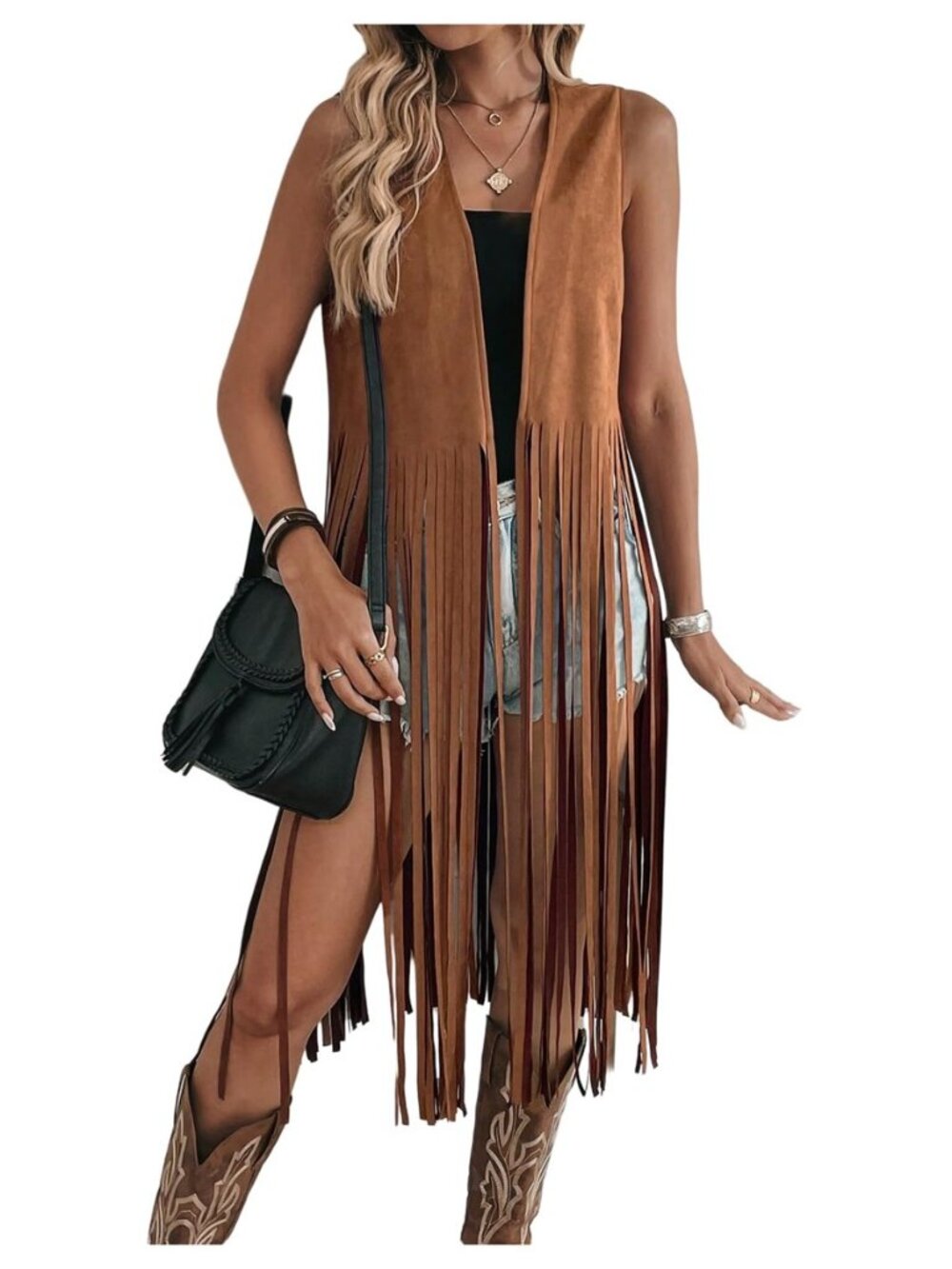 Women's Sleeveless Fringe Vest Faux Suede Western Cardigan Jacket
